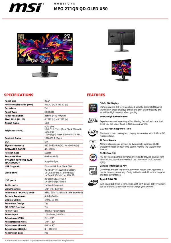 MSI MPG 271QR QD-OLED X50: New 500Hz OLED Gaming Monitor
