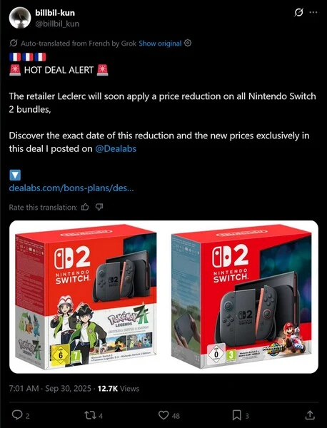 Retailer annonce baisse permanente du prix de la Switch 2