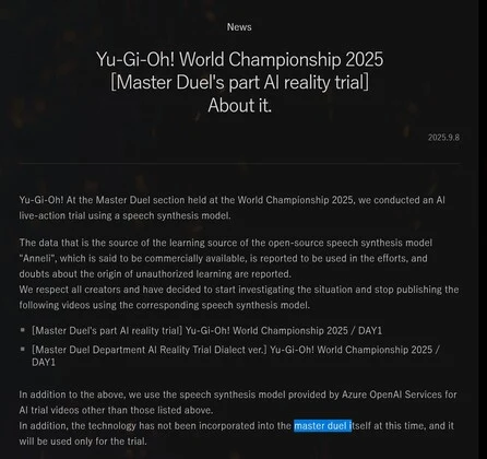 Konami Removes AI Voice-Over Videos from Yu-Gi-Oh! Event