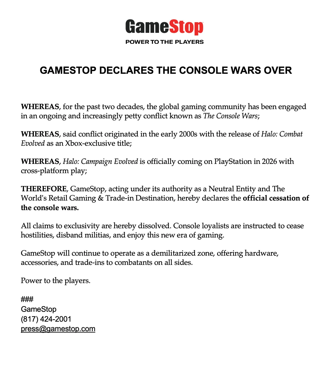 GameStop Claims Console Wars Are Over with Satirical Win