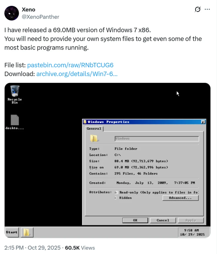 Windows Enthusiast Boots 69MB Windows 7 in Experiment
