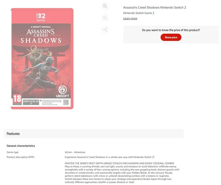 Assassin's Creed Shadows Switch 2 Leaked by French Retailer