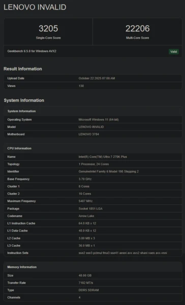 Intel Core Ultra 7 270K Plus: Arrow Lake CPU Geekbench Launch