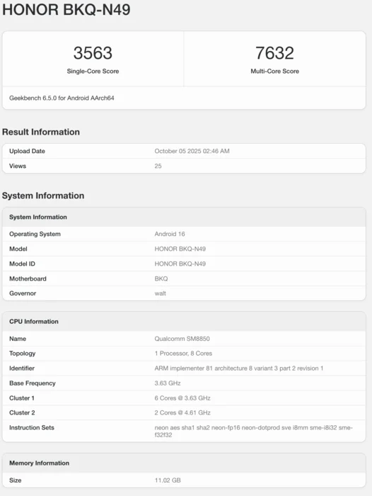 Honor Magic 8 Global Model Launches on Geekbench with Snapdragon 8