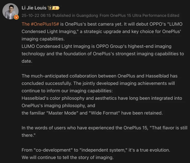 OnePlus 15 Features Best Camera Yet with Oppo Imaging Tech