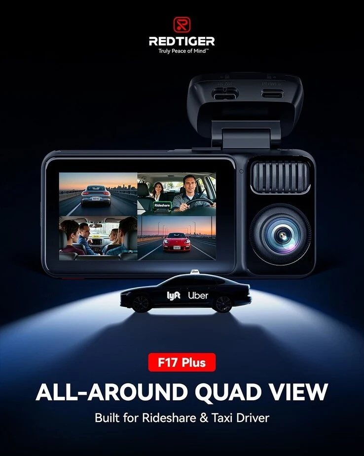 Redtiger F17 Plus Dash Cam: Quad-Lens, IR Night Vision, IPS Touchscreen