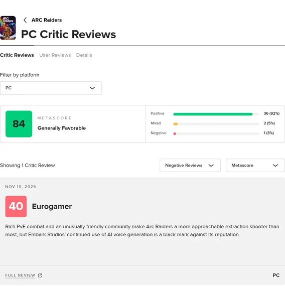 Negative Arc Raiders Review Critiques Generative AI in Gaming