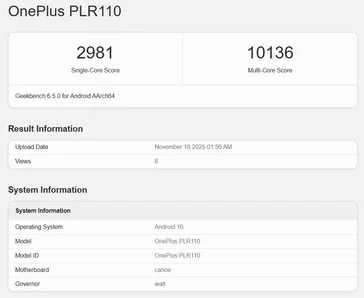 OnePlus Ace 6T on Geekbench: First Snapdragon 8 Gen 5 Device