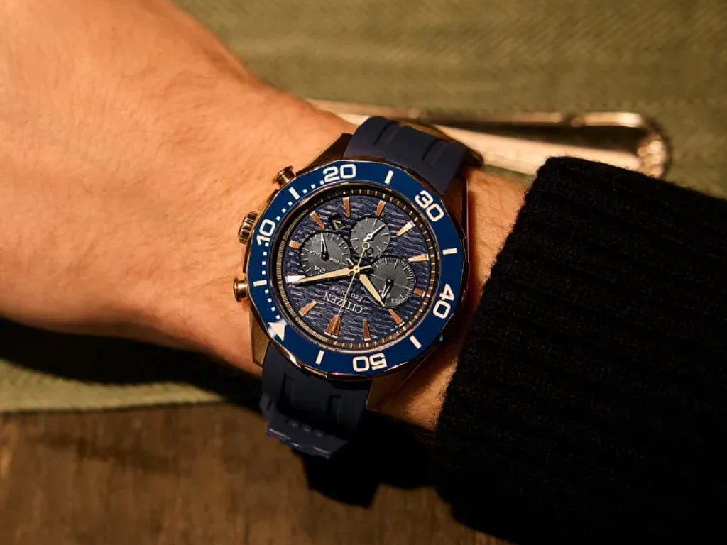 Citizen CA4733-00L Eco-Drive Chronograph: Rose Gold & Blue Dial