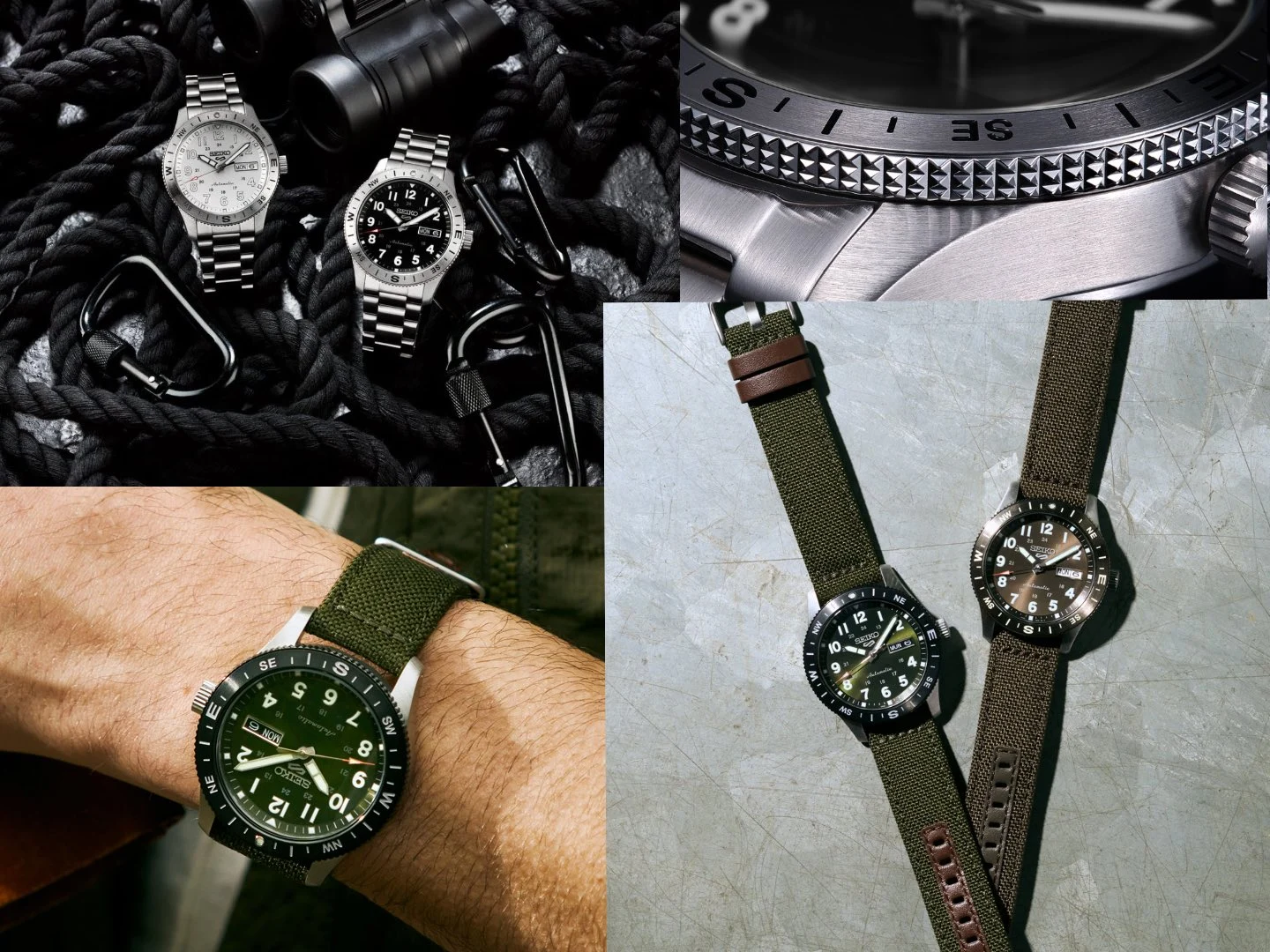 Seiko 5 Sports Field Watches with Rotating Compass Bezel and Luminous Numerals